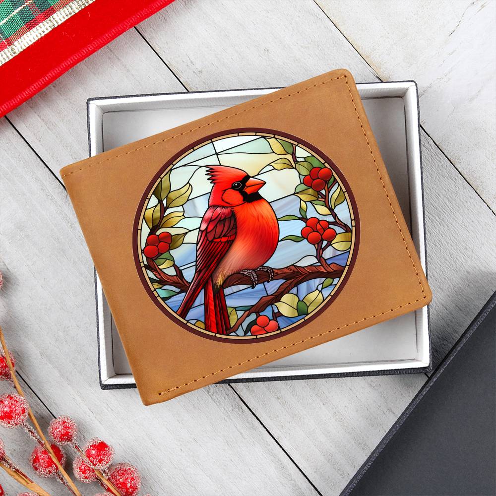 Christmas Red Cardinal Stained Glass Design 007 - Leather Wallet