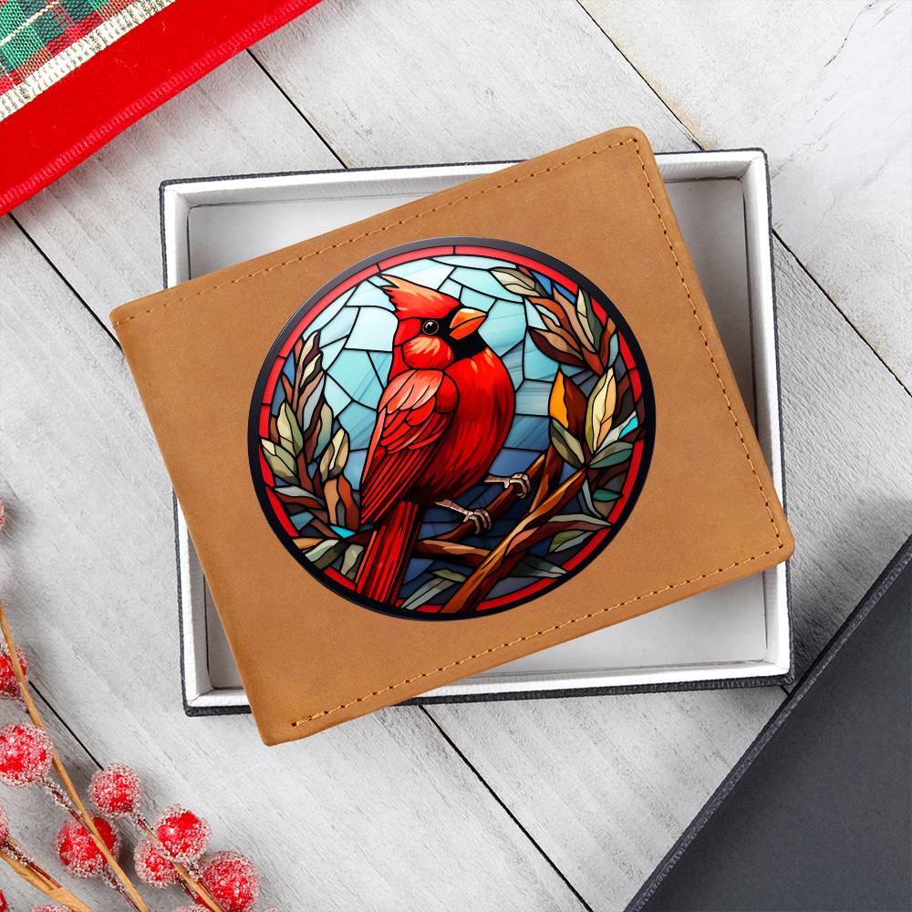 Christmas Red Cardinal Stained Glass Design 005 - Leather Wallet