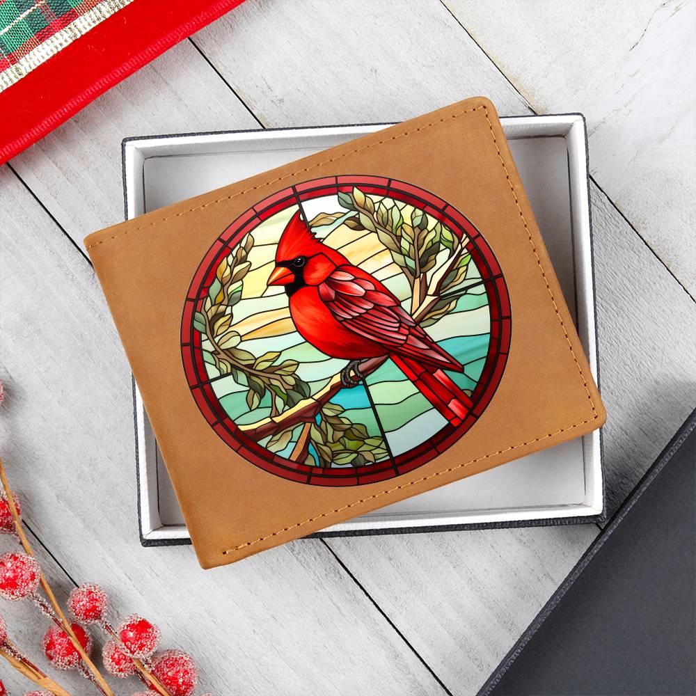 Christmas Red Cardinal Stained Glass Design 032 - Leather Wallet