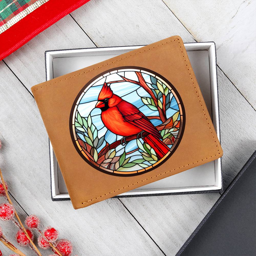 Christmas Red Cardinal Stained Glass Design 034 - Leather Wallet
