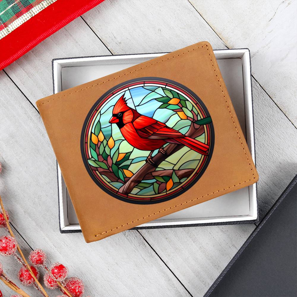 Christmas Red Cardinal Stained Glass Design 028 - Leather Wallet