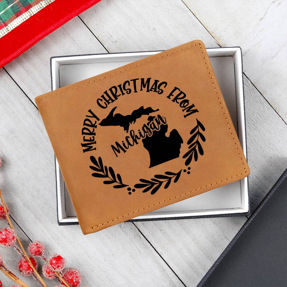 Merry Christmas From Michigan - Leather Wallet