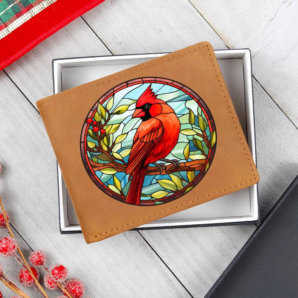 Christmas Red Cardinal Stained Glass Design 003 - Leather Wallet