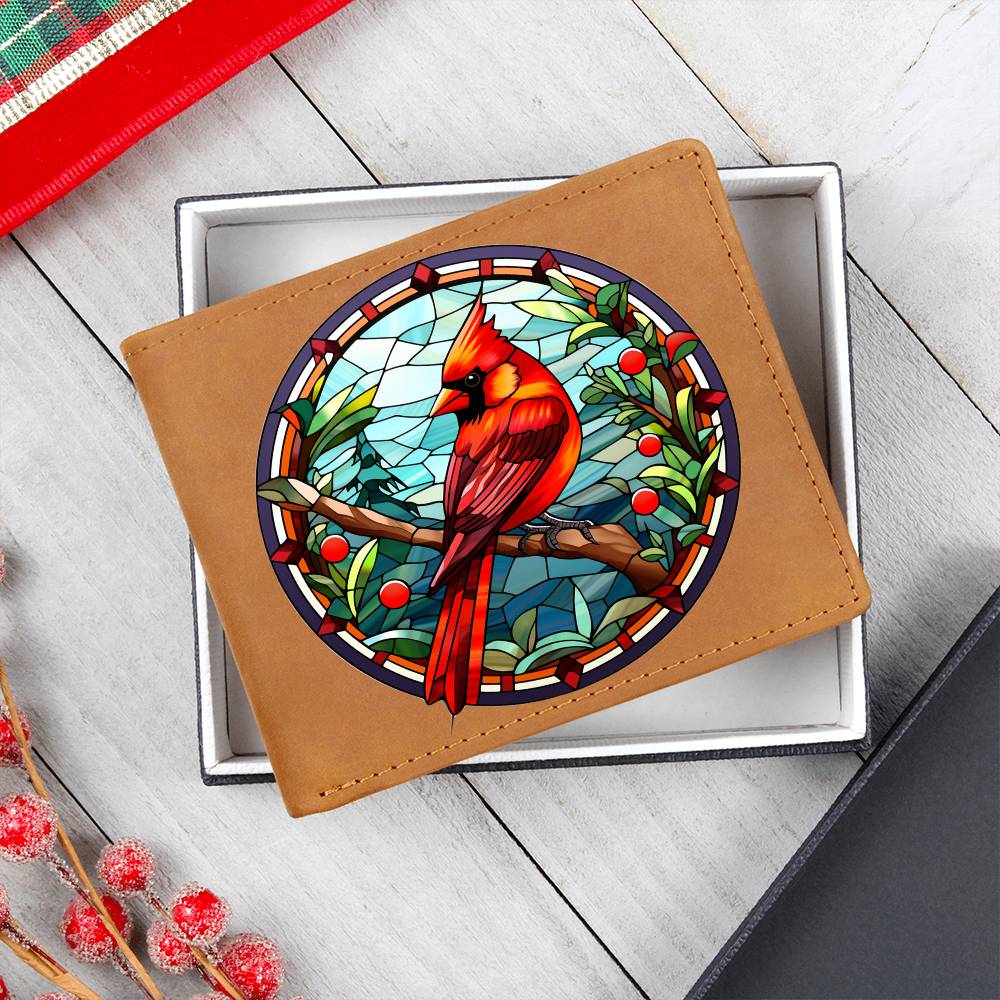 Christmas Red Cardinal Stained Glass Design 027 - Leather Wallet