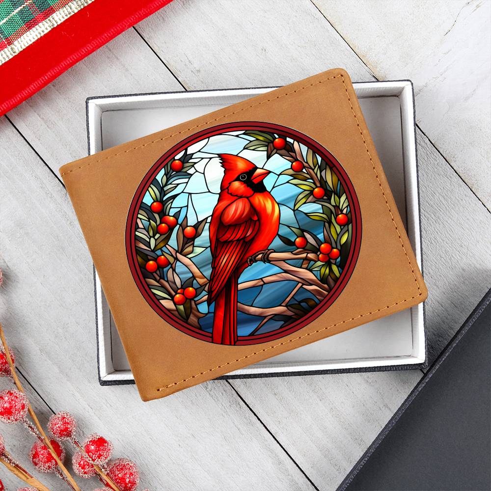 Christmas Red Cardinal Stained Glass Design 013 - Leather Wallet