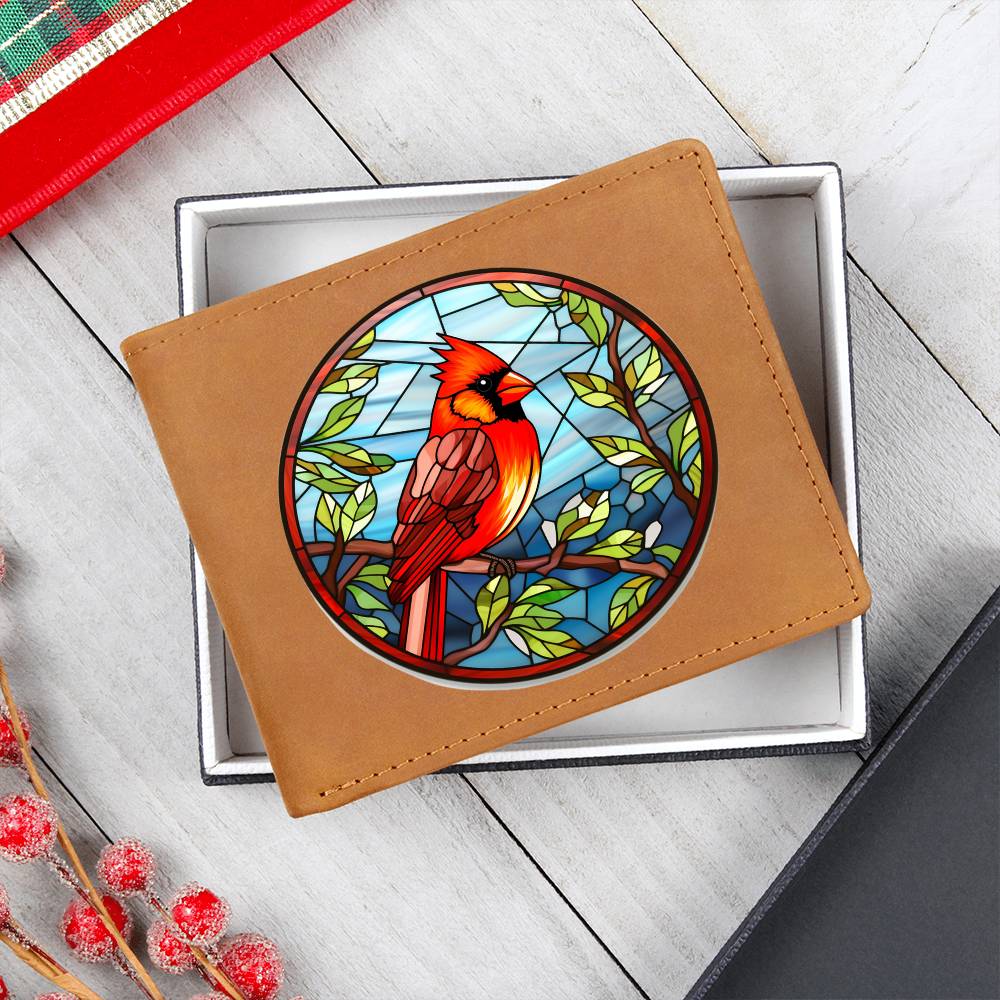 Christmas Red Cardinal Stained Glass Design 033 - Leather Wallet
