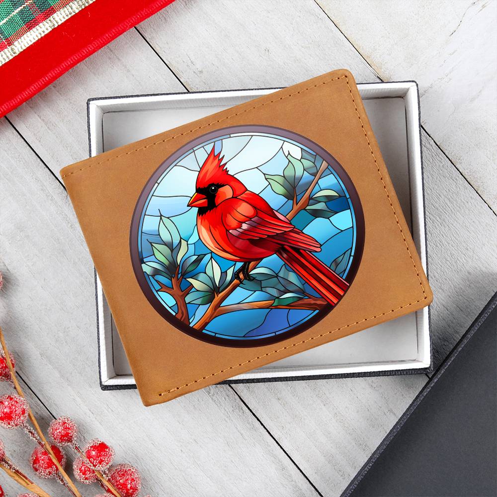 Christmas Red Cardinal Stained Glass Design 009 - Leather Wallet