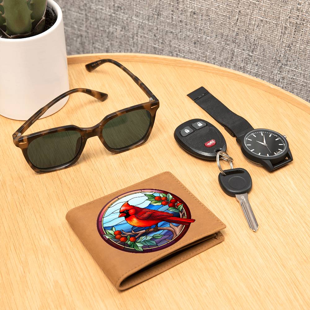 Christmas Red Cardinal Stained Glass Design 017 - Leather Wallet