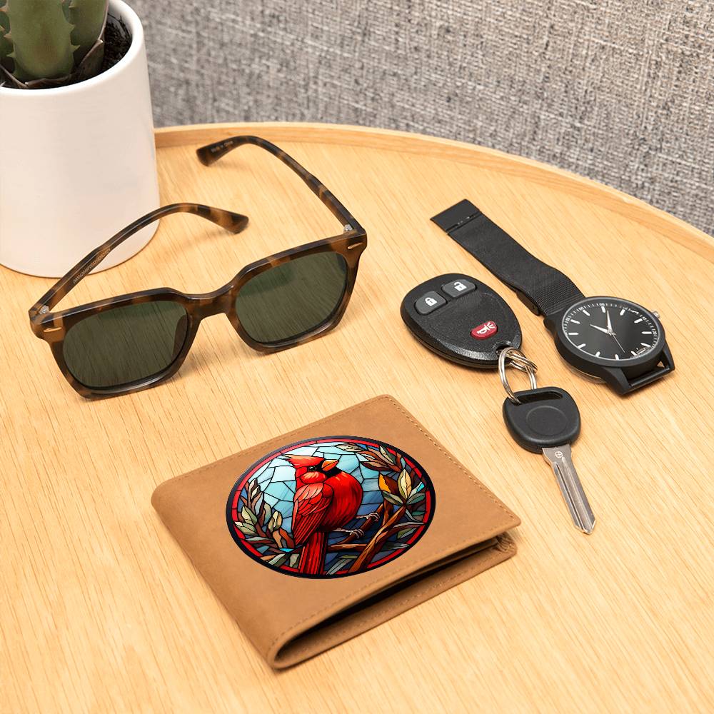 Christmas Red Cardinal Stained Glass Design 005 - Leather Wallet