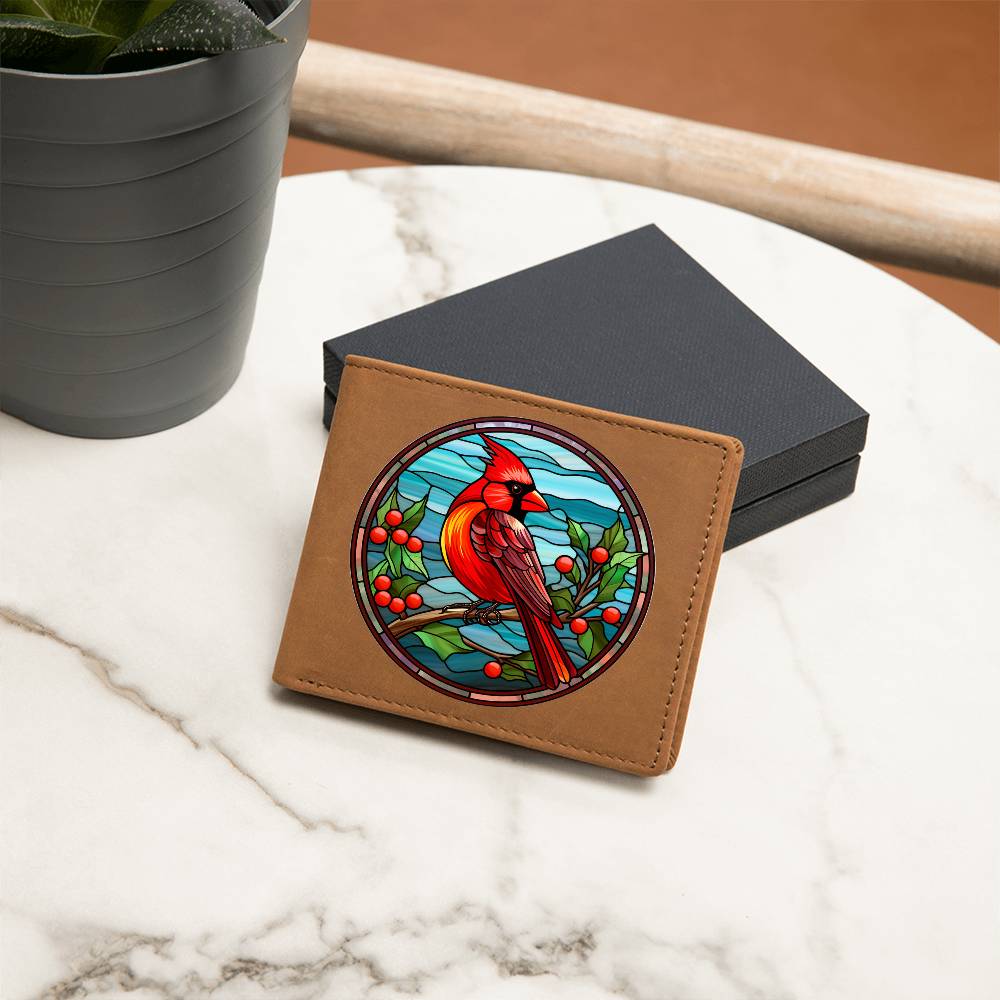 Christmas Red Cardinal Stained Glass Design 016 - Leather Wallet