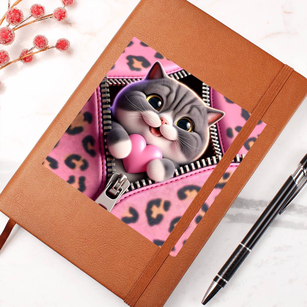 Valentine's Day Cat And Zipper 007 - Vegan Leather Journal