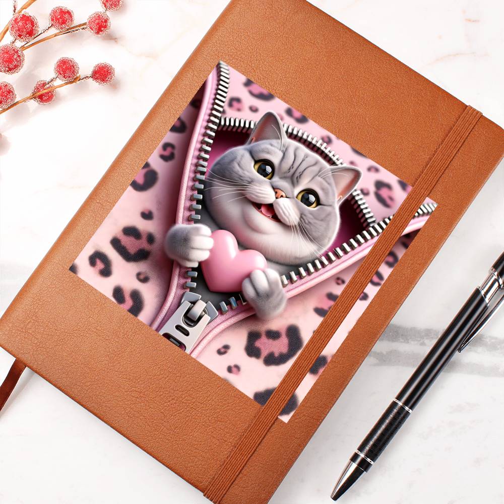 Valentine's Day Cat And Zipper 019 - Vegan Leather Journal