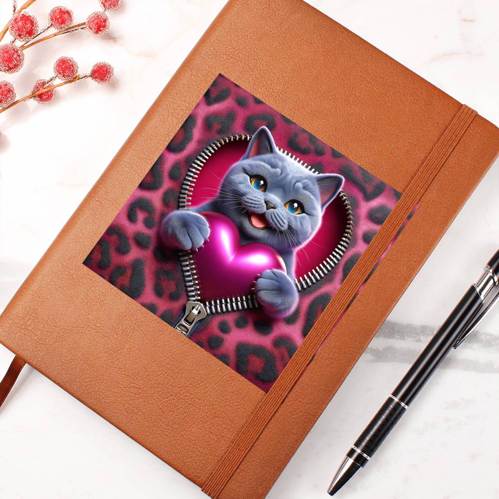 Valentine's Day Cat And Zipper 018 - Vegan Leather Journal