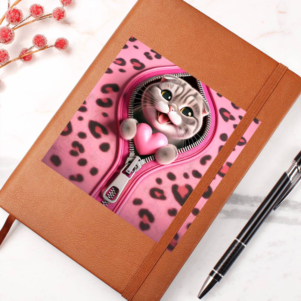 Valentine's Day Cat And Zipper 004 - Vegan Leather Journal