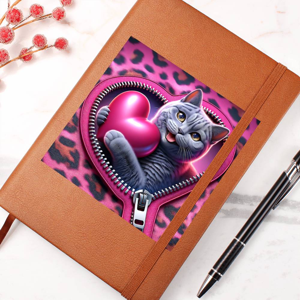 Valentine's Day Cat And Zipper 012 - Vegan Leather Journal