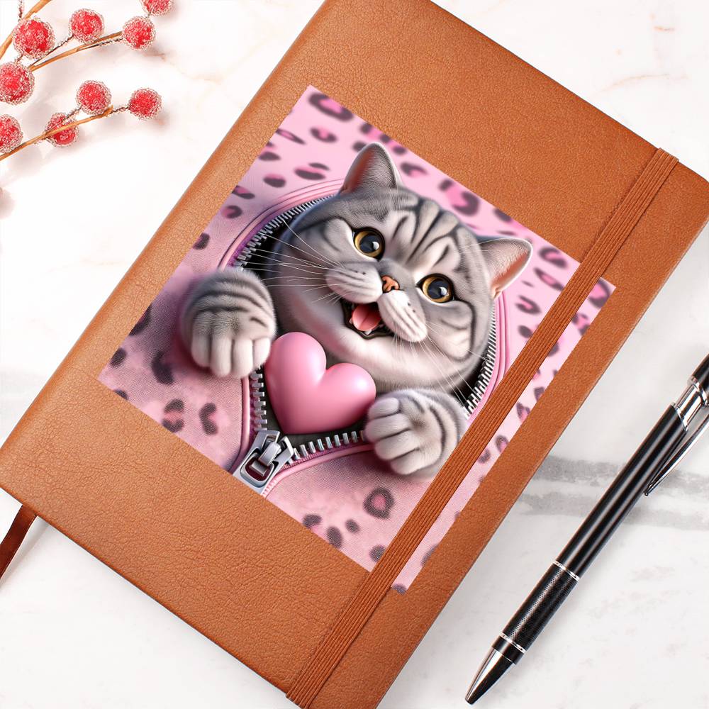Valentine's Day Cat And Zipper 020 - Vegan Leather Journal