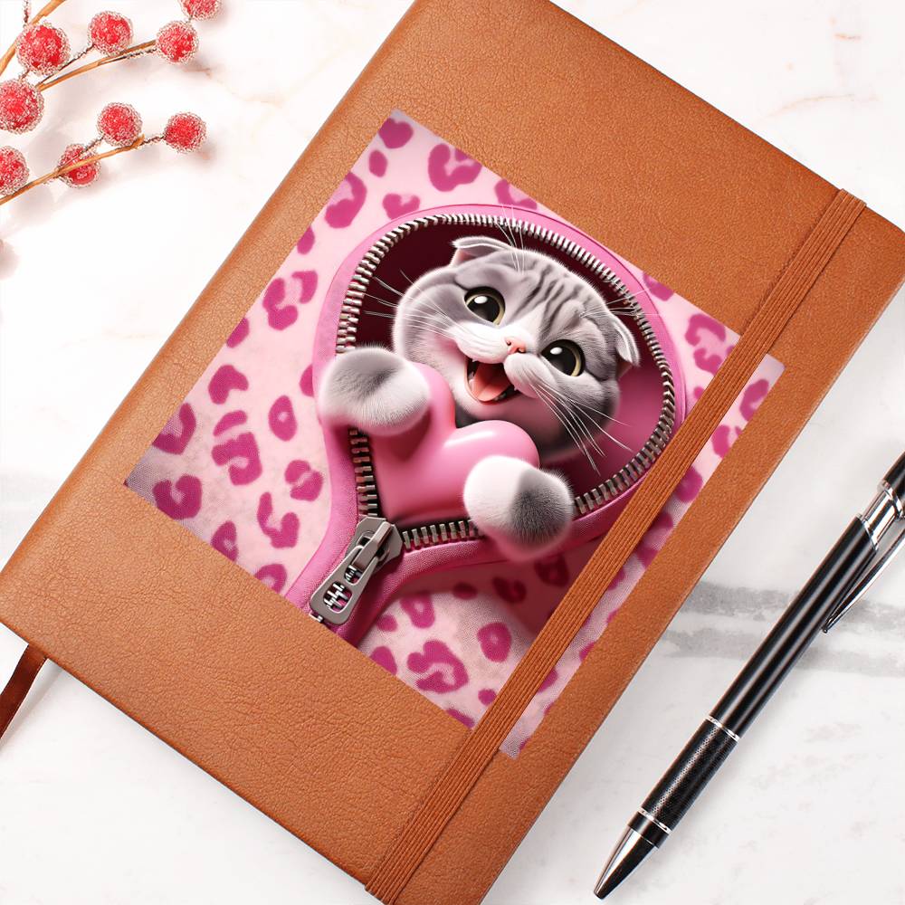 Valentine's Day Cat And Zipper 005 - Vegan Leather Journal