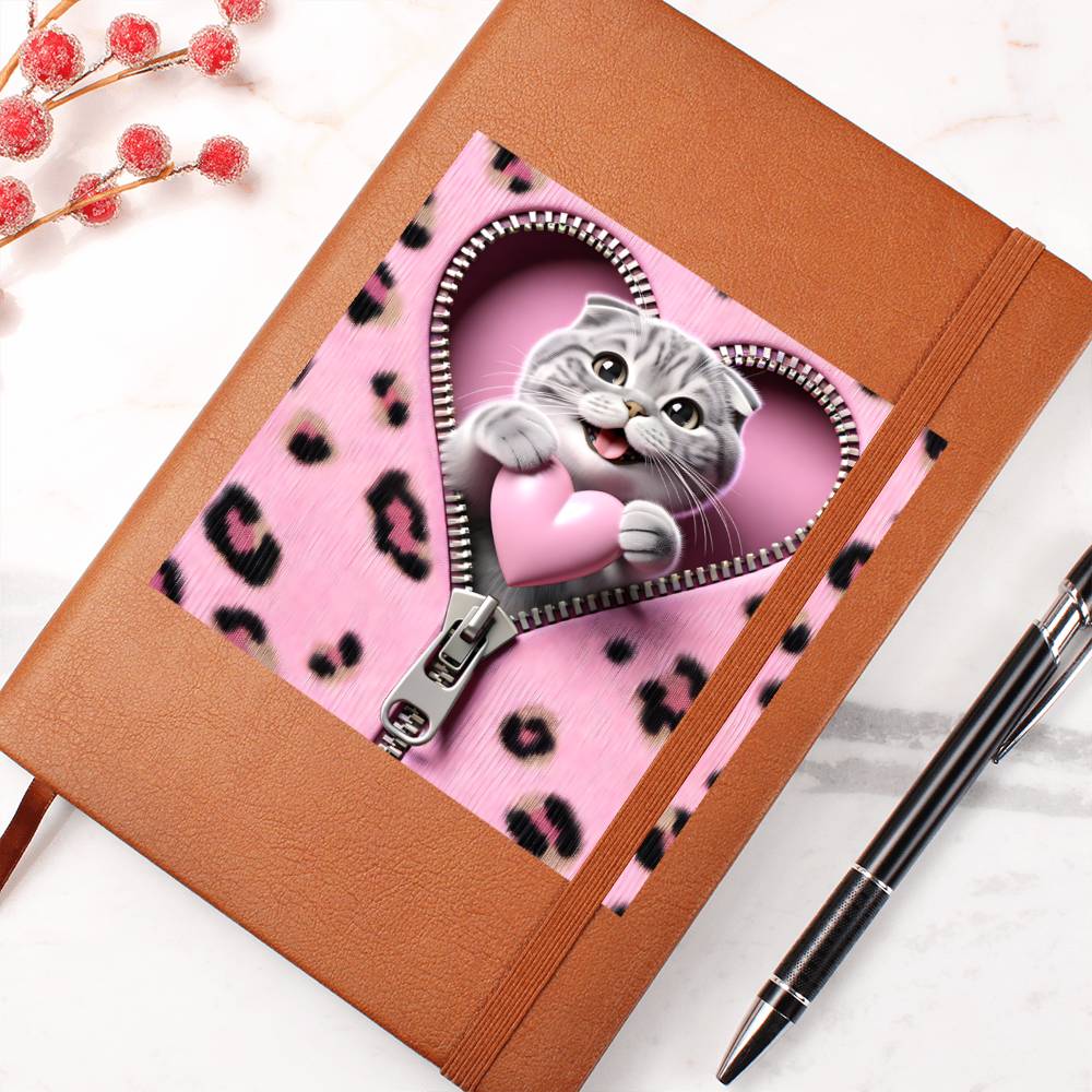 Valentine's Day Cat And Zipper 003 - Vegan Leather Journal
