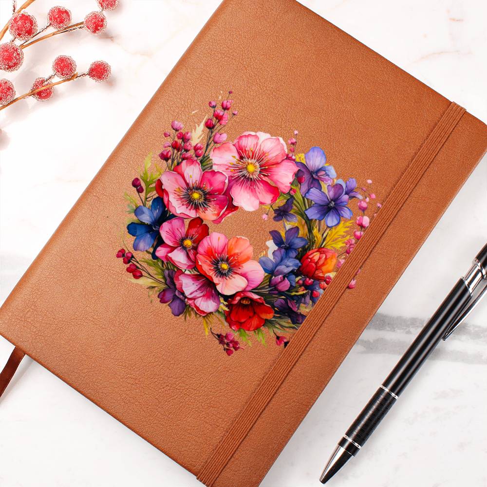 Floral Flower Wreath 101 - Vegan Leather Journal