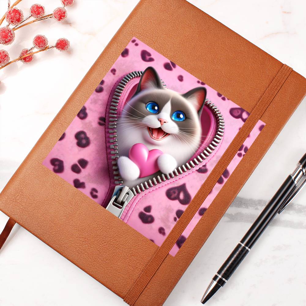 Valentine's Day Cat And Zipper 002 - Vegan Leather Journal