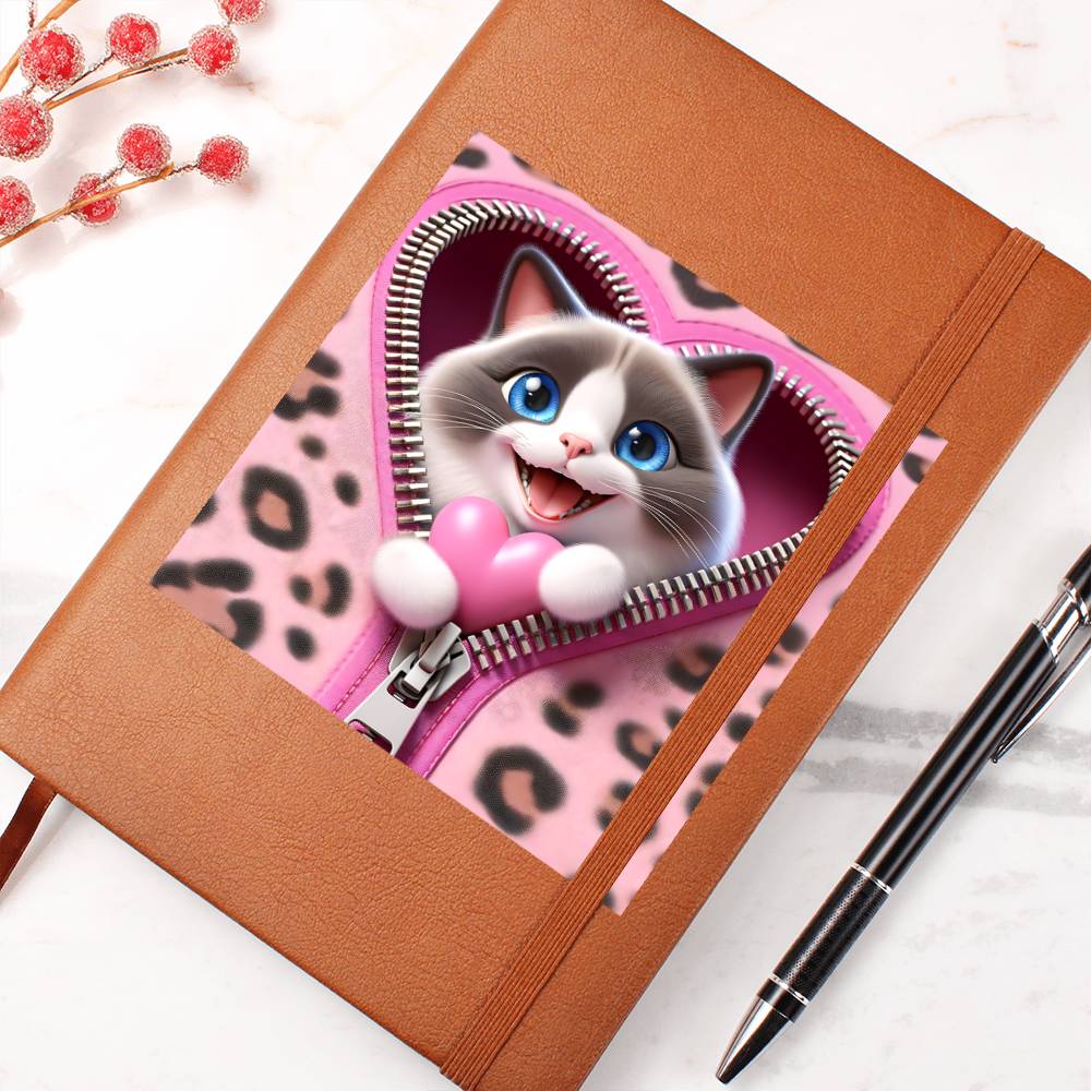Valentine's Day Cat And Zipper 024 - Vegan Leather Journal