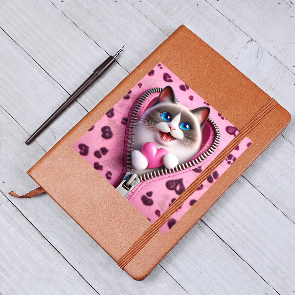 Valentine's Day Cat And Zipper 002 - Vegan Leather Journal
