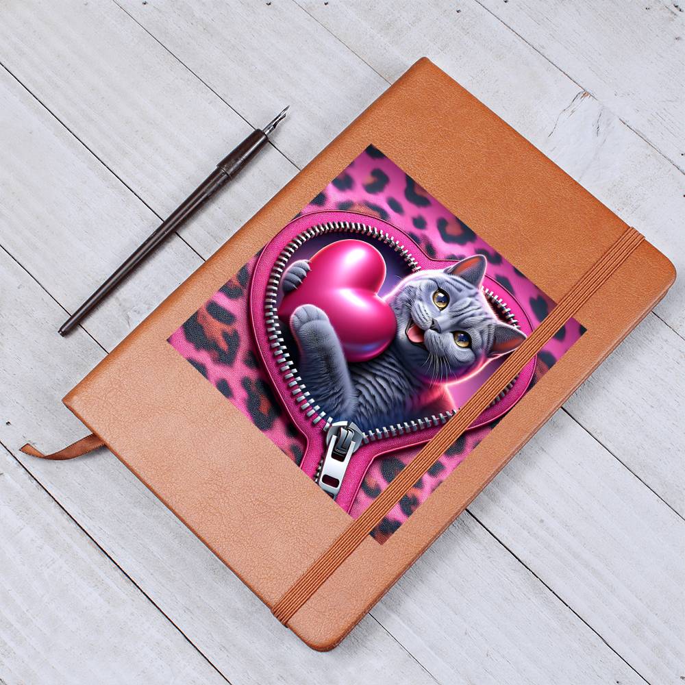 Valentine's Day Cat And Zipper 012 - Vegan Leather Journal