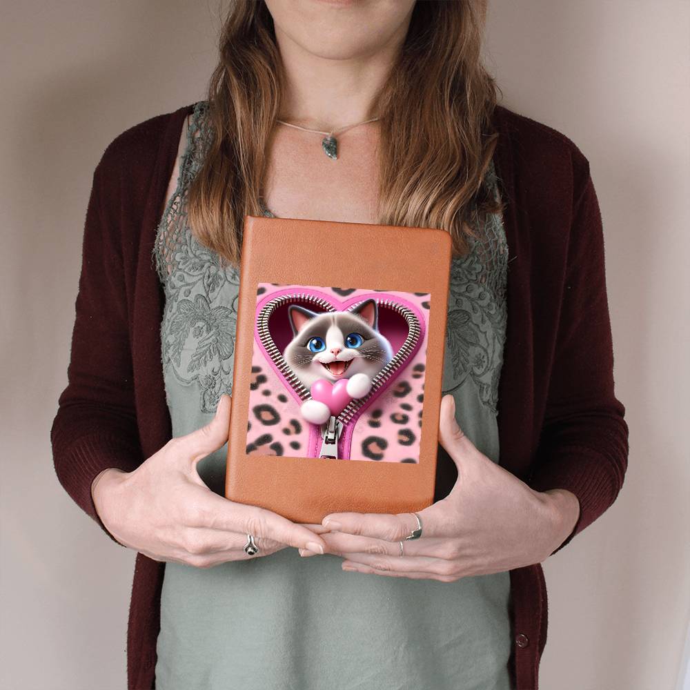 Valentine's Day Cat And Zipper 024 - Vegan Leather Journal