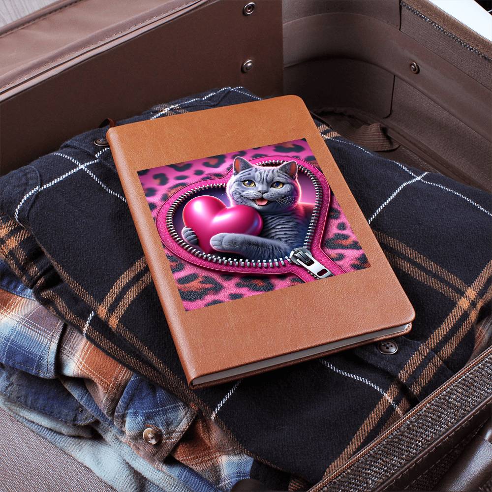 Valentine's Day Cat And Zipper 012 - Vegan Leather Journal