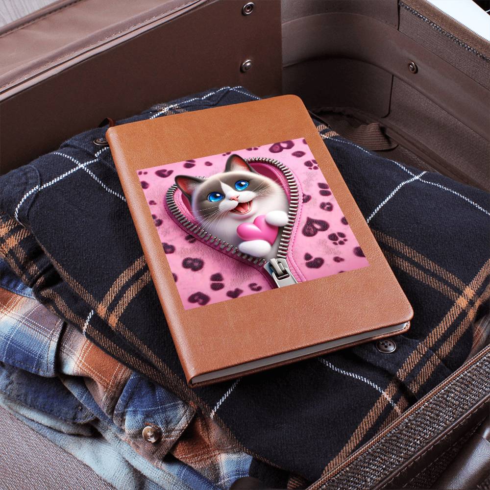 Valentine's Day Cat And Zipper 002 - Vegan Leather Journal