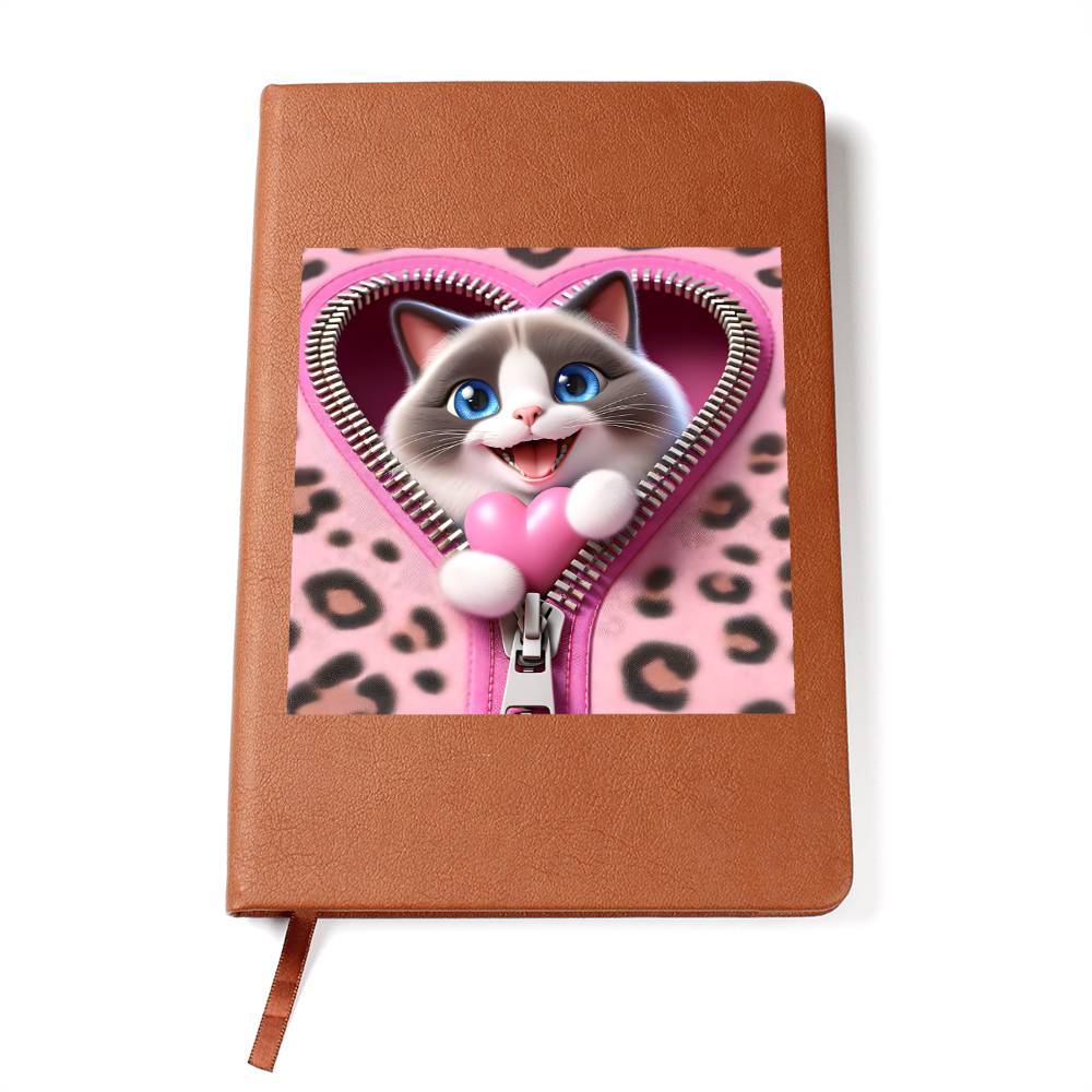 Valentine's Day Cat And Zipper 024 - Vegan Leather Journal