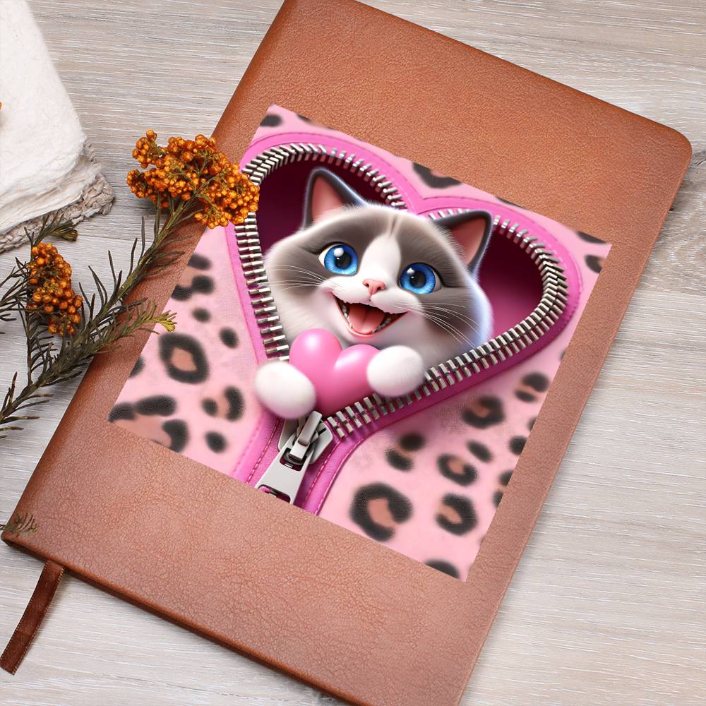 Valentine's Day Cat And Zipper 024 - Vegan Leather Journal