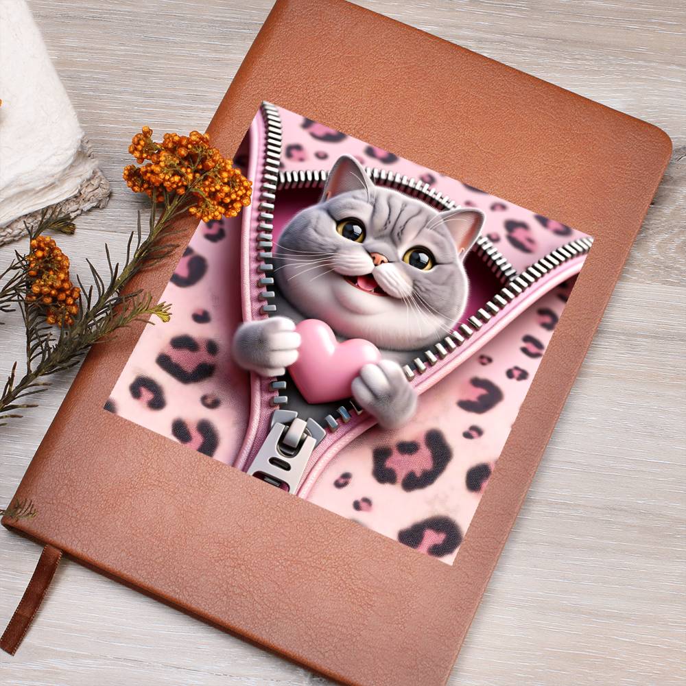 Valentine's Day Cat And Zipper 019 - Vegan Leather Journal