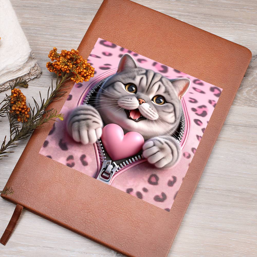 Valentine's Day Cat And Zipper 020 - Vegan Leather Journal