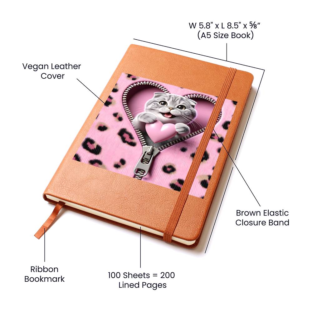 Valentine's Day Cat And Zipper 003 - Vegan Leather Journal