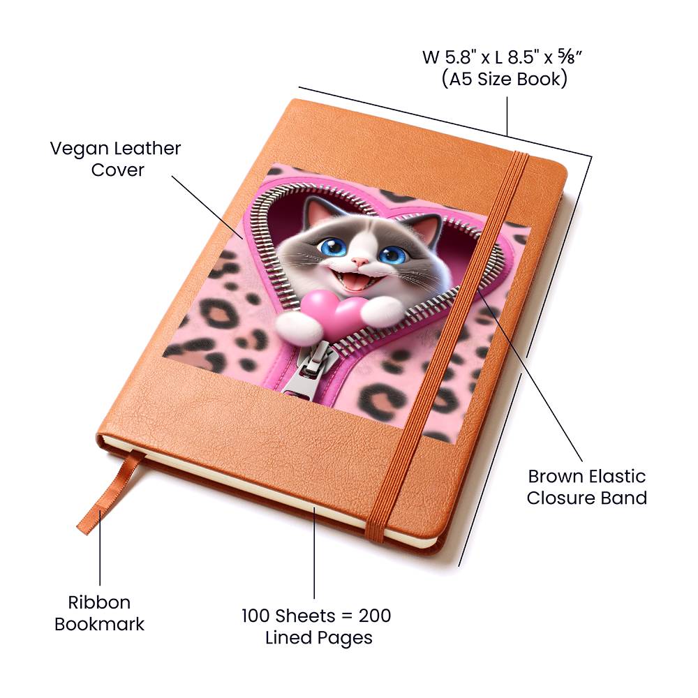 Valentine's Day Cat And Zipper 024 - Vegan Leather Journal