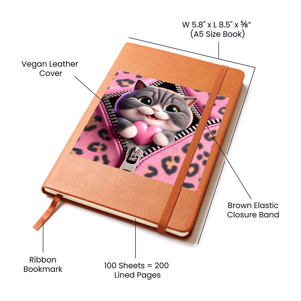 Valentine's Day Cat And Zipper 007 - Vegan Leather Journal