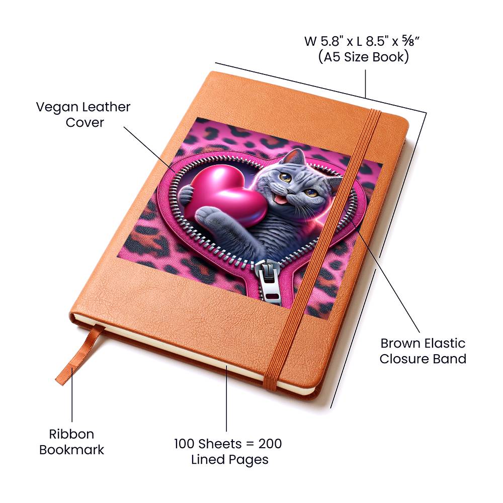 Valentine's Day Cat And Zipper 012 - Vegan Leather Journal