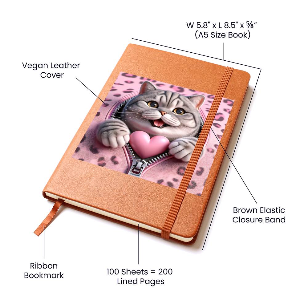 Valentine's Day Cat And Zipper 020 - Vegan Leather Journal