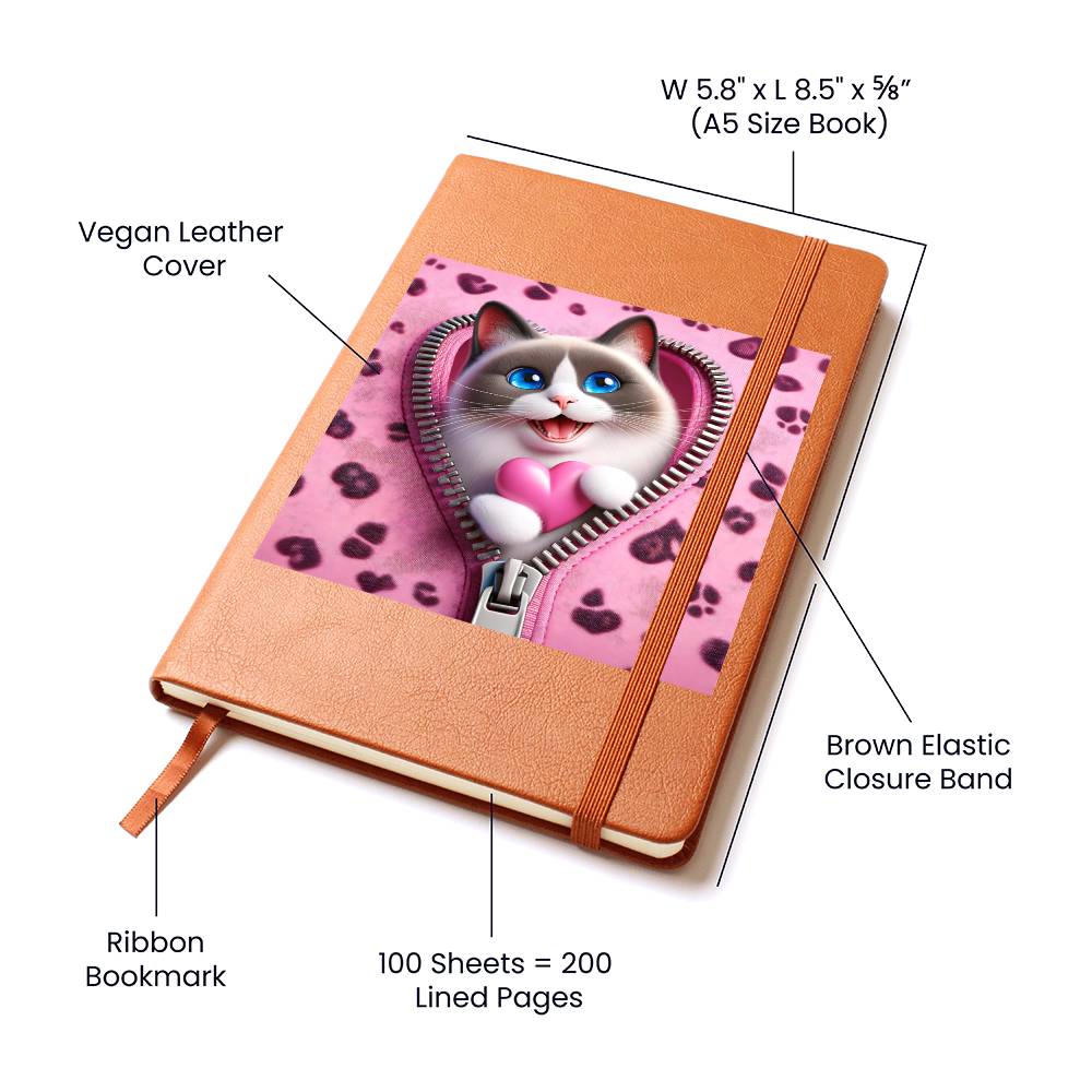 Valentine's Day Cat And Zipper 002 - Vegan Leather Journal