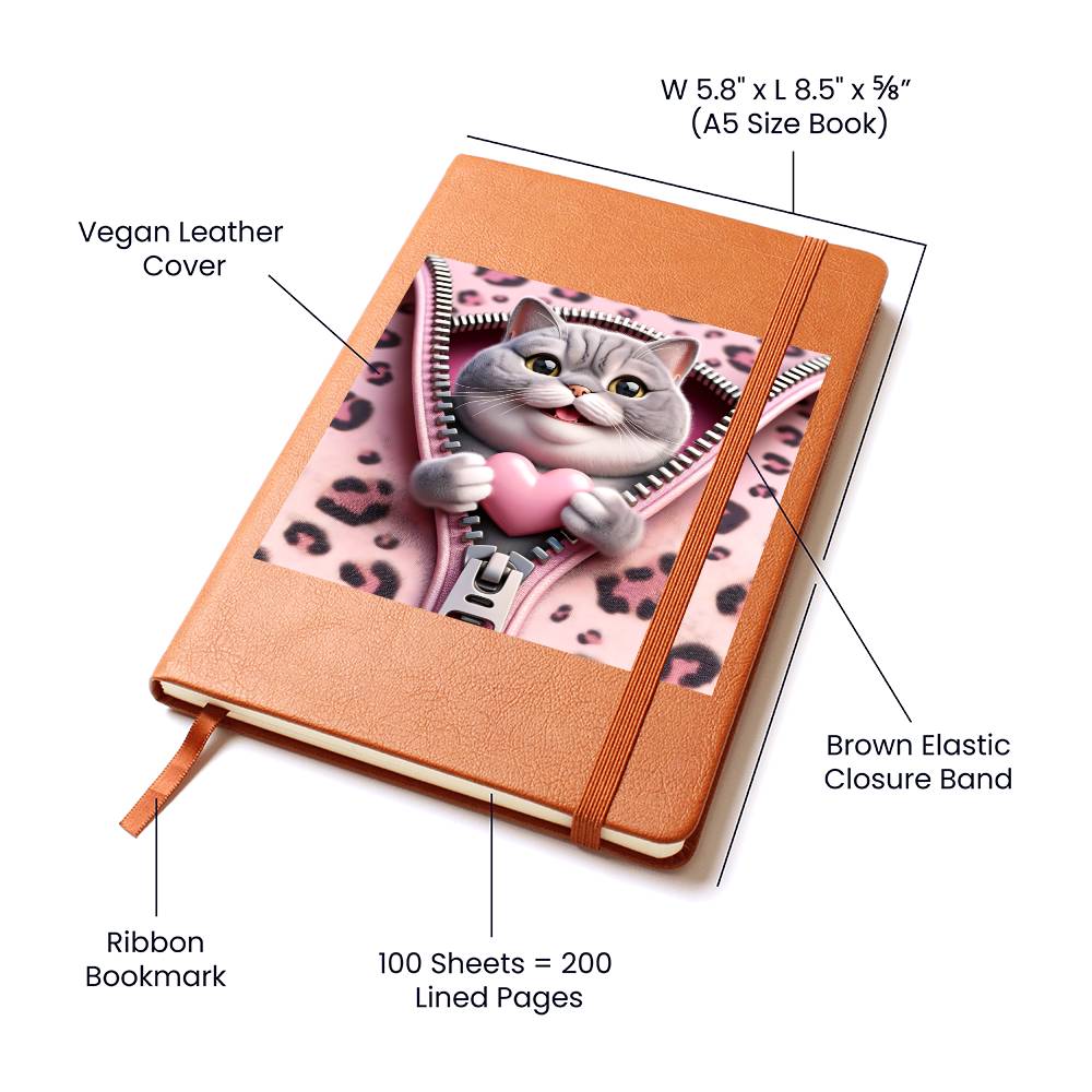 Valentine's Day Cat And Zipper 019 - Vegan Leather Journal