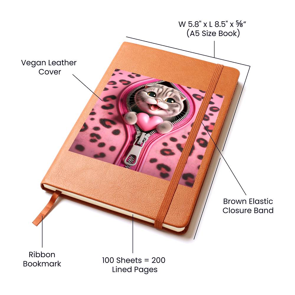 Valentine's Day Cat And Zipper 004 - Vegan Leather Journal