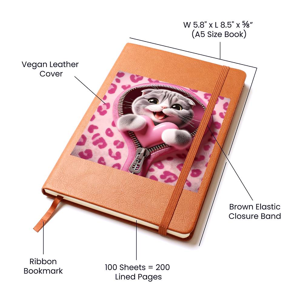Valentine's Day Cat And Zipper 005 - Vegan Leather Journal
