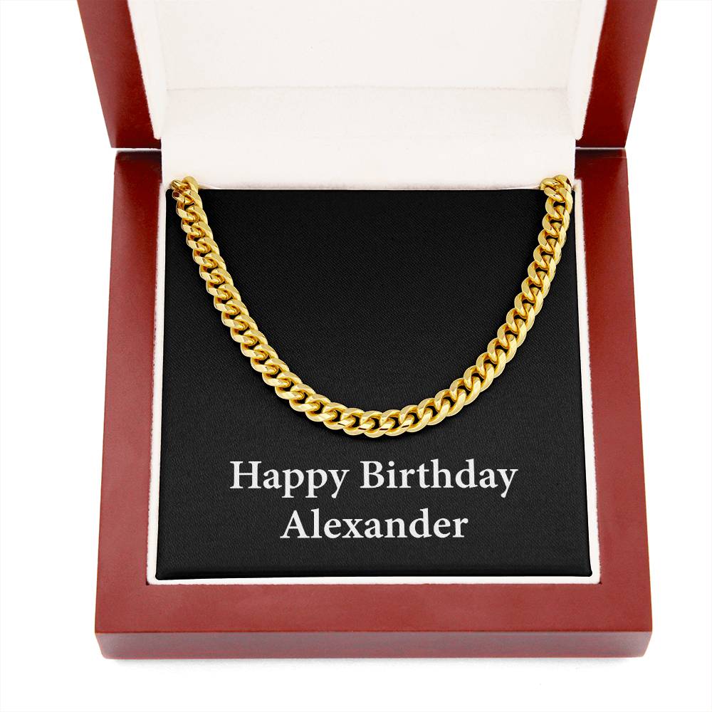 Happy Birthday Alexander v2 - 14k Gold Finished Cuban Link Chain With Mahogany Style Luxury Box
