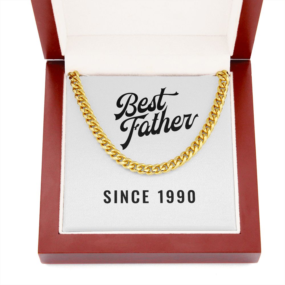 Best Father Since 1990 - 14k Gold Finished Cuban Link Chain With Mahogany Style Luxury Box