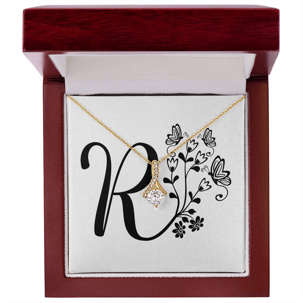 Botanical Monogram R - 18K Yellow Gold Finish Alluring Beauty Necklace With Mahogany Style Luxury Box