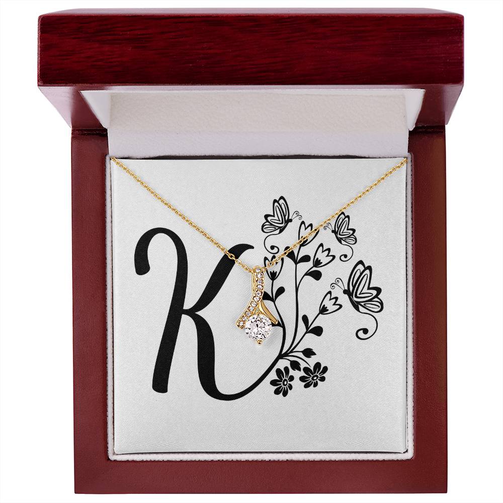 Botanical Monogram K - 18K Yellow Gold Finish Alluring Beauty Necklace With Mahogany Style Luxury Box