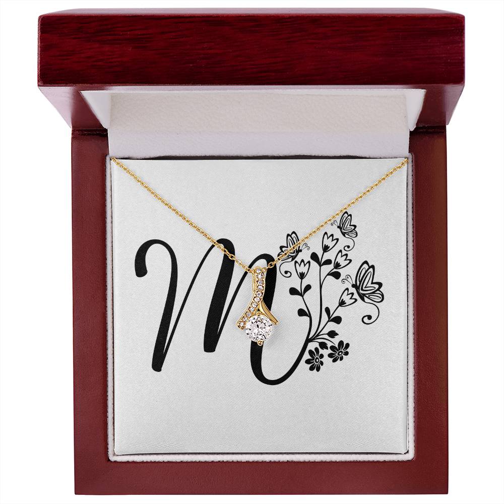 Botanical Monogram M - 18K Yellow Gold Finish Alluring Beauty Necklace With Mahogany Style Luxury Box