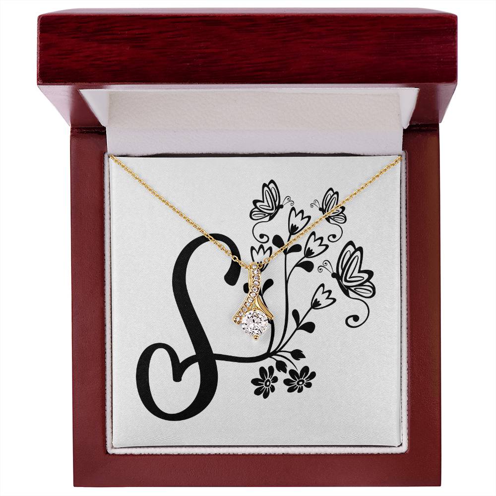 Botanical Monogram S - 18K Yellow Gold Finish Alluring Beauty Necklace With Mahogany Style Luxury Box