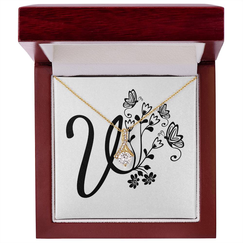 Botanical Monogram V - 18K Yellow Gold Finish Alluring Beauty Necklace With Mahogany Style Luxury Box